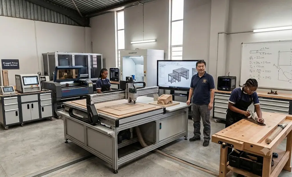 Instructor supervising trade school students in a carpentry workshop while they measure lumber for a construction framing project.