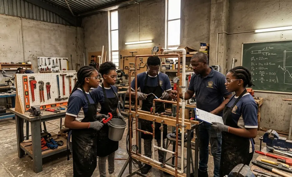 Trade school students practicing copper pipe soldering and fitting installation in a plumbing training lab.