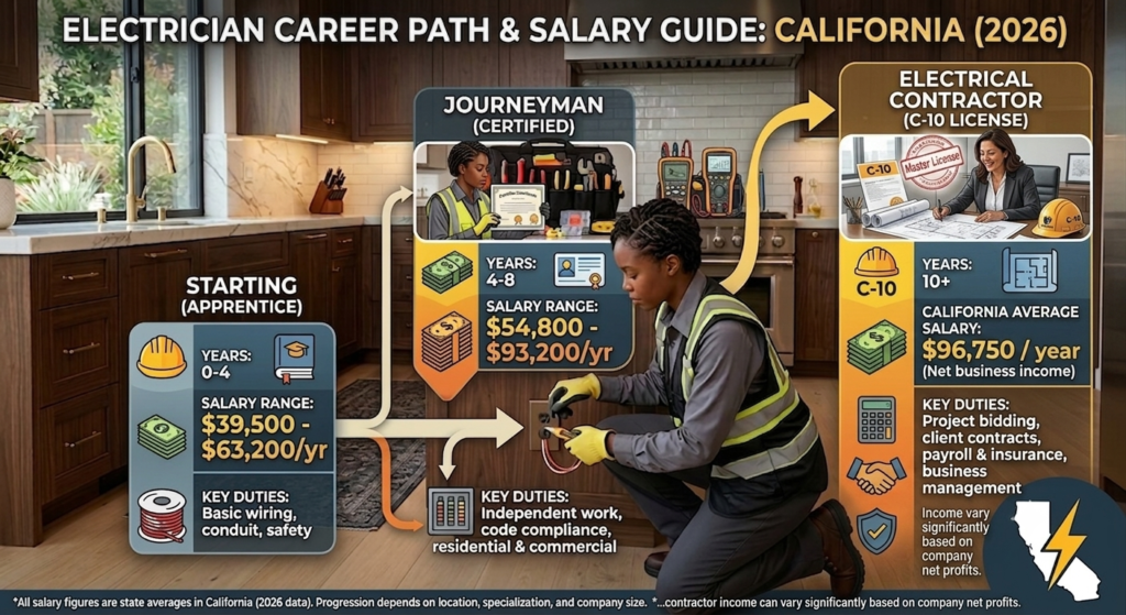 Chart showing electrician salary progression in California from apprentice to C-10 contractor